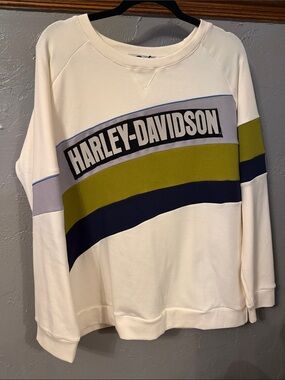 Harley-Davidson Cream Crewneck with Olive, Navy & Light Gray Stripes